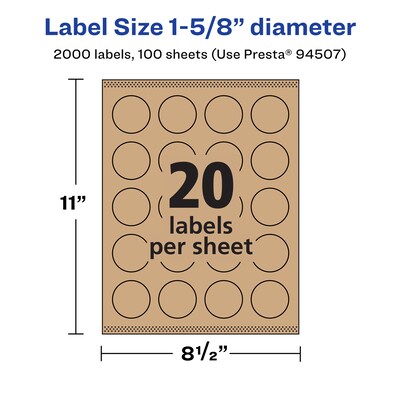 Avery Laser/Inkjet Multipurpose Circle Labels, 1.625" Dia, Kraft Brown, 2000/Box (94507)