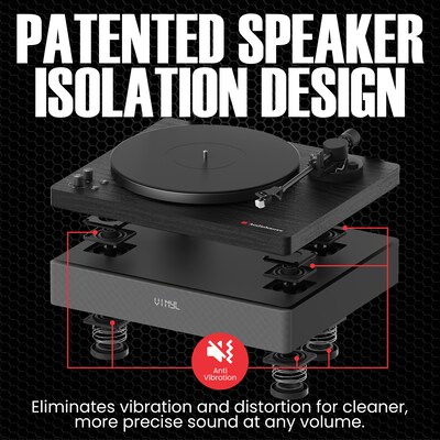 Audiosource AT33 Belt Drive turntable with 2.1 channel 120 watt Bluetooth Speakers, Black Woodgrain (AT3345BW)
