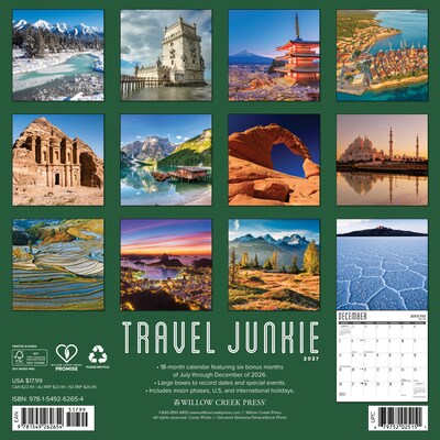 2027 Willow Creek Travel Junkie 12 x 12 Monthly Wall Calendar, Assorted Colors (62654)