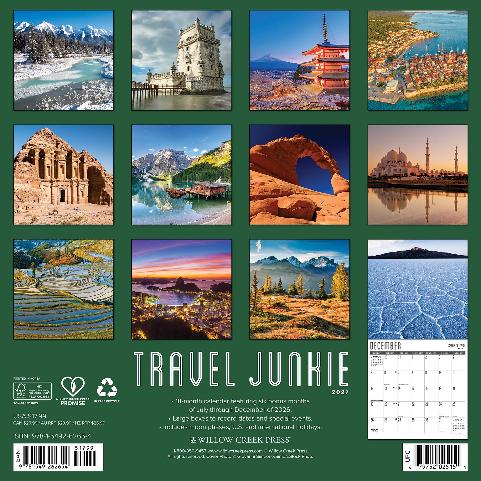 2027 Willow Creek Travel Junkie 12 x 12 Monthly Wall Calendar, Assorted Colors (62654)