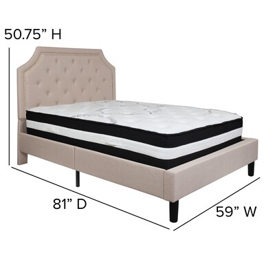 Flash Furniture Brighton Tufted Upholstered Platform Bed in Beige Fabric with Pocket Spring Mattress, Full (SLBM2)