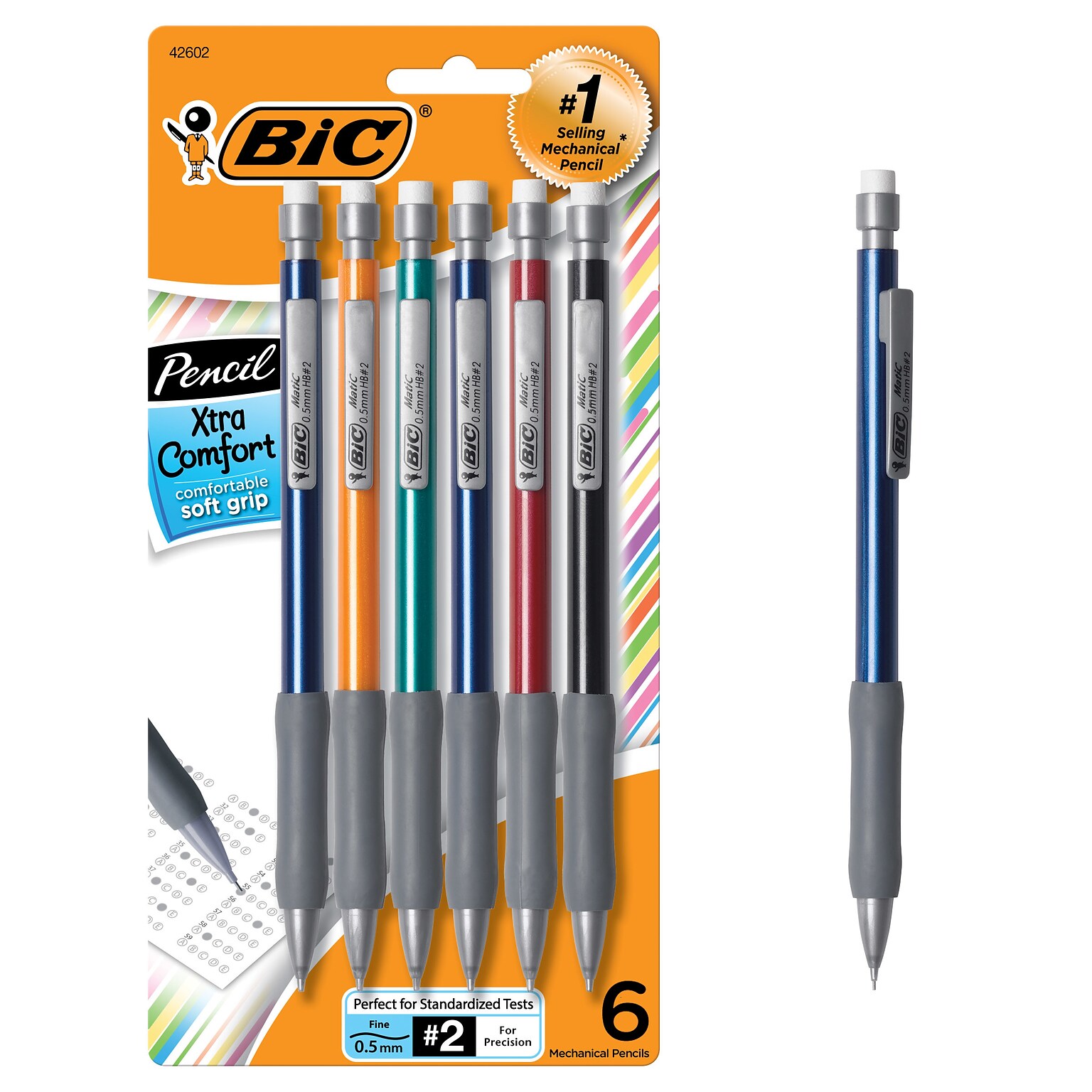 BIC Matic Grip Mechanical Pencil, 0.5mm, #2 Hard Lead, 6/Pack (42602)
