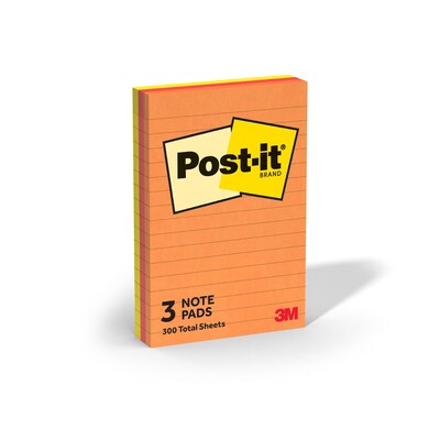 Post-it Sticky Notes, 4 x 6, Sunburst Collection, Lined, 90 Sheets/Pad, 3 Pads/Pack (660-3SUN)