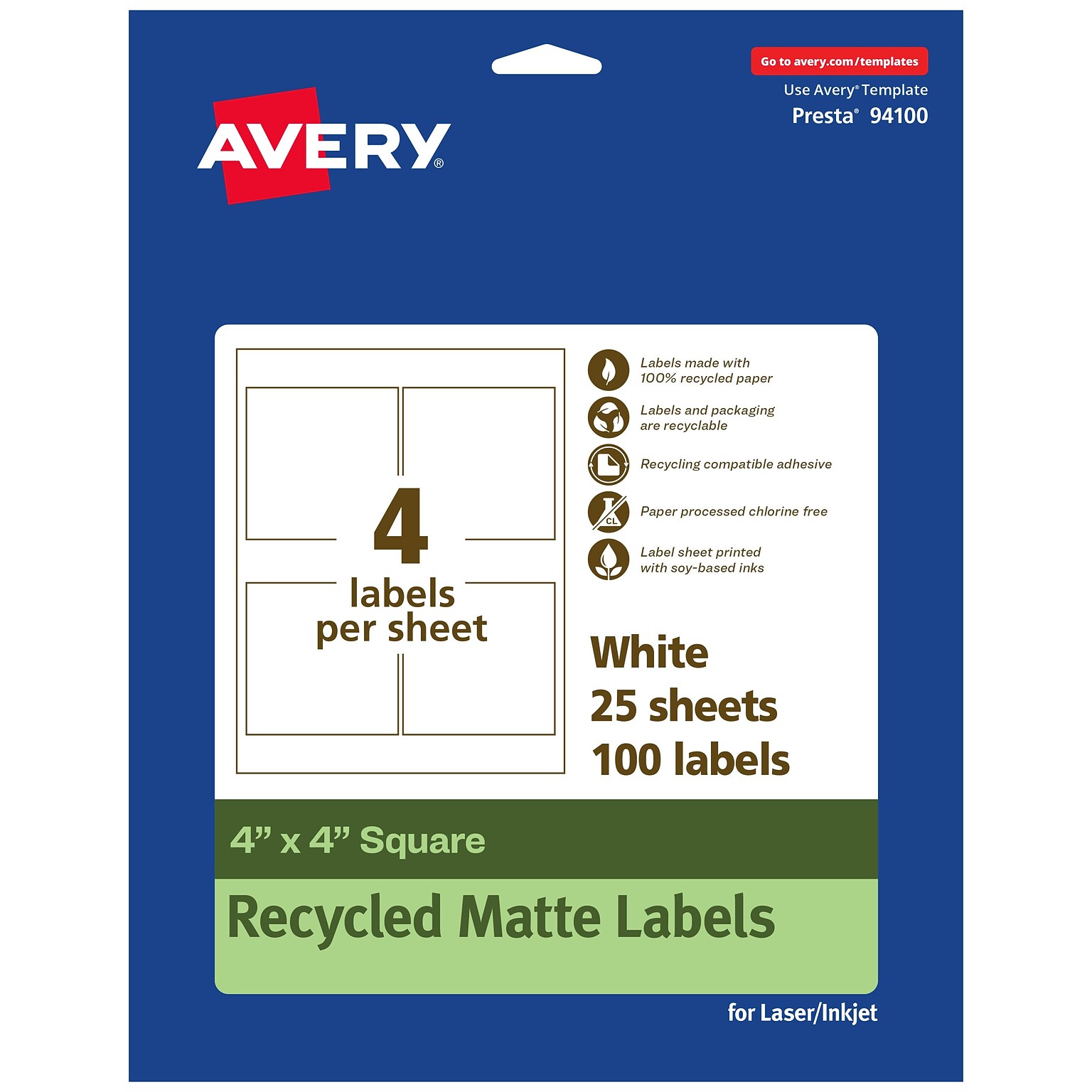 Avery EcoFriendly Laser/Inkjet Square Multipurpose Labels, 4 x 4, White, 100/Pack (94100)