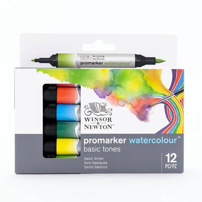 Winsor & Newton Promarker Dual-Tip Watercolor Alcohol Based Marker, Basic Tones, 12/Pack (WNX0290165)
