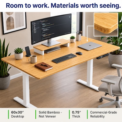 Uncaged Ergonomics Rise Up 60"W Electric Adjustable Bamboo Standing Desk, Natural/White (RUWB)