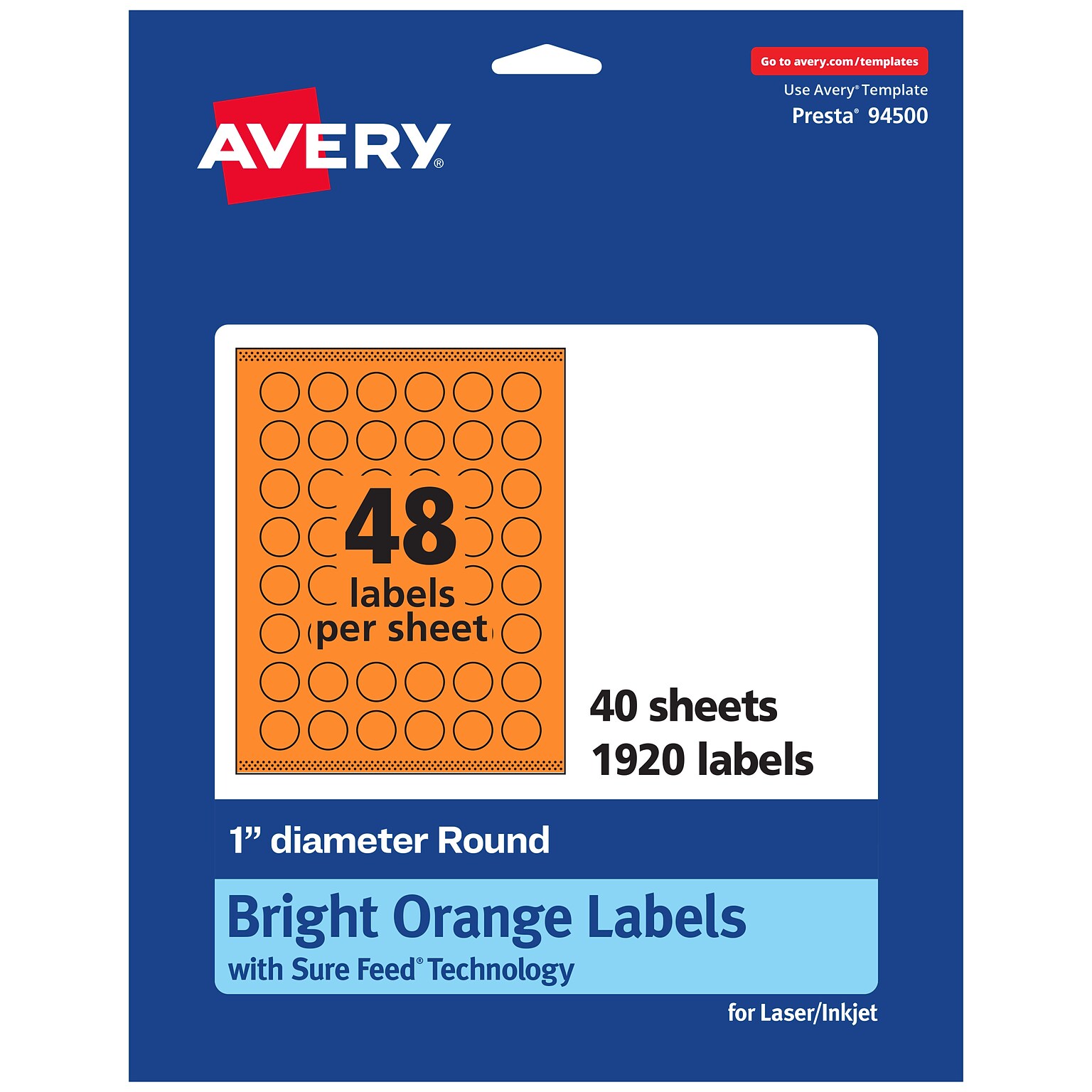 Avery Laser/Inkjet Multipurpose Circle Labels, 1 Dia., Bright Orange, 1920/Pack (94500)