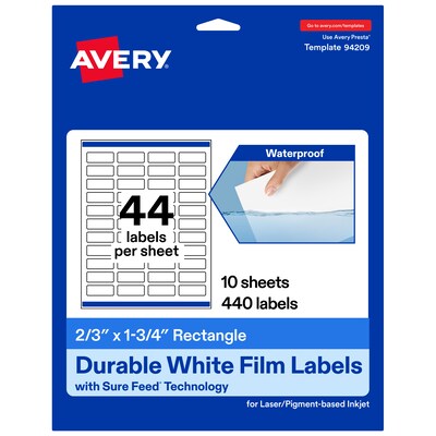 Avery Laser/Inkjet Rectangle Waterproof Multipurpose Labels, 1.75  x 0.6667, White, 440/Pack (94209)