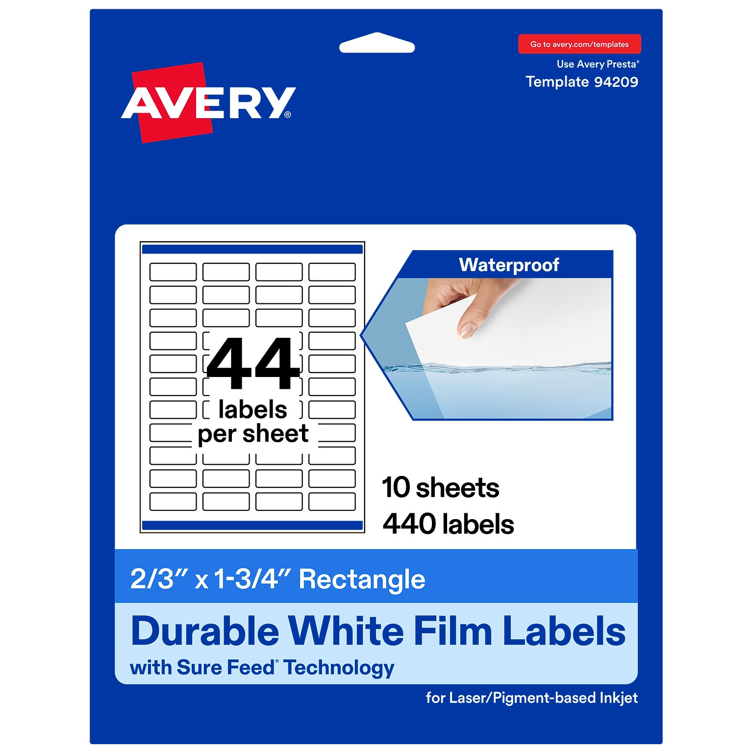 Avery Laser/Inkjet Rectangle Waterproof Multipurpose Labels, 1.75  x 0.6667, White, 440/Pack (94209)