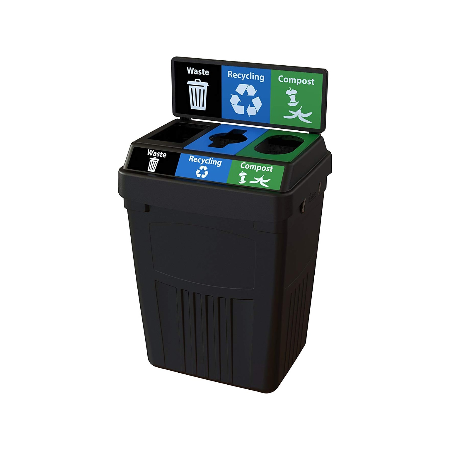 CleanRiver FlexE Plastic Three-Stream Recycling Station, 50 Gallon, Black (FX50B-BK3-R-BE-W-BK-C-GN)