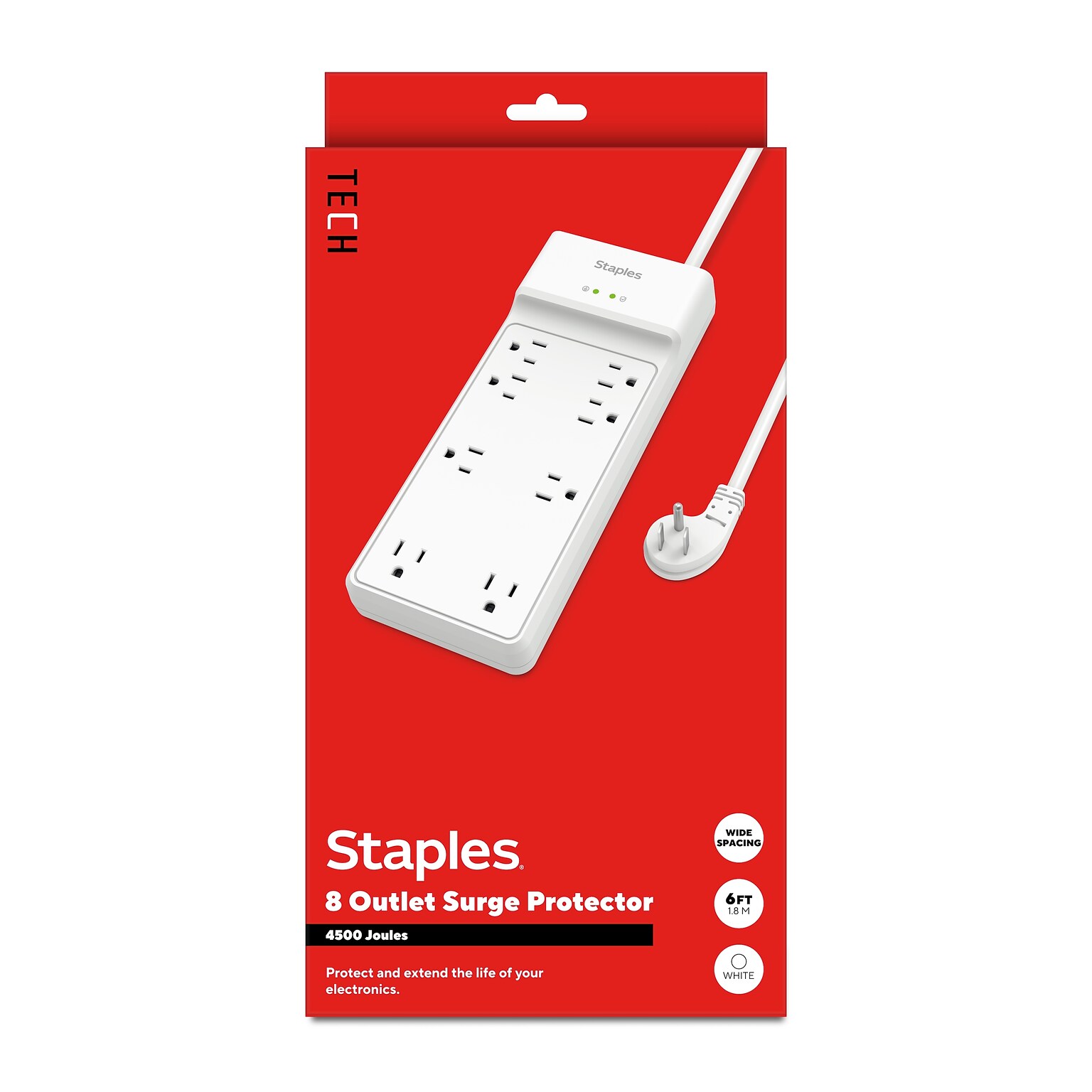Staples TECH 8-Outlet Surge Protector, 6, 4500 Joules, White (ST62783)