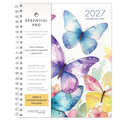 2027 Excello Brands Essential Pro 8.5 x 11 Weekly & Monthly Planner, Watercolor Butterflies (ESPRO-CY27-8511-33)
