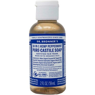 Dr Bronners Peppermint Castile Soap, 2 oz Bottle, 8 Bottles/Bag, 6 Bags/Carton