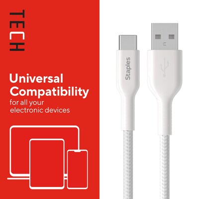 Staples TECH USB-C to USB-A Charging Cable, 9.8 ft., White (ST62339)