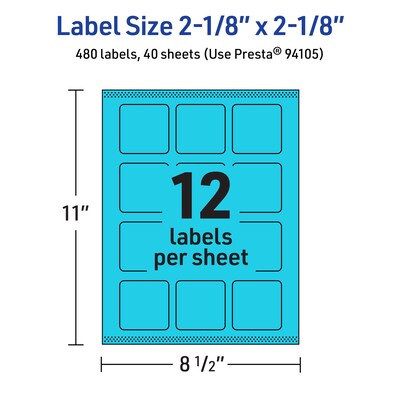 Avery Printable Square Multipurpose Labels, 2-1/8" x 2-1/8", Bright Blue, 480/Pack (94105)