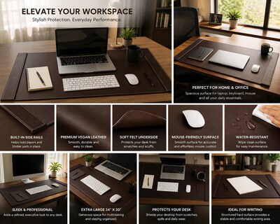 SUM Anti-Slip Faux leather Desk Pad with Side Rail, 34.5 x 24, Brown (OSCDPD001)