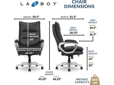 La-Z-Boy Jenkins Ergonomic Bonded Leather Executive Big & Tall Chair, 400 lb. Capacity, Black (60075-BLK)