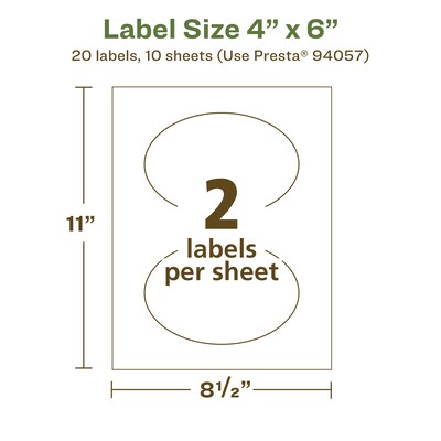 Avery EcoFriendly Laser/Inkjet Oval Multipurpose Labels, 4" x 6", White, 20/Pack (94057)