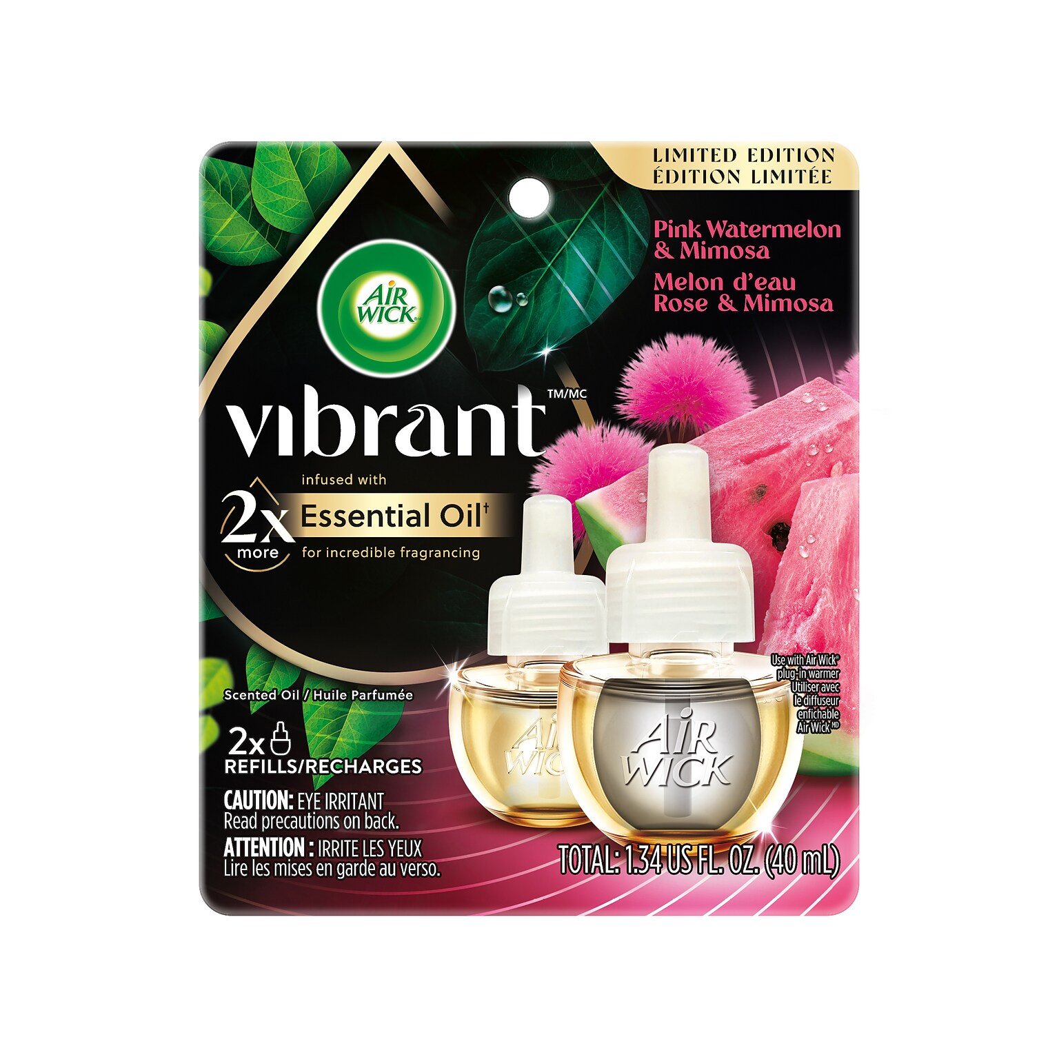 Air Wick Vibrant Scented Oil Warmer Refill, Pink Watermelon & Mimosa, 0.67 fl. oz., 2/Pack (62338-00142)