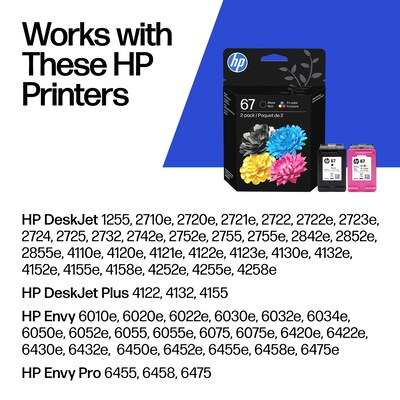 HP 67 Black/Tri-Color Standard Yield Ink Cartridge, 2/Pack (3YP29AN#140)