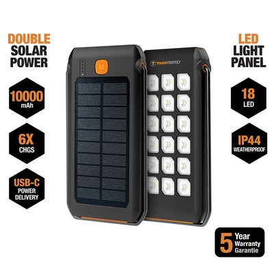 ToughTested 10,000-mAh LED Solar Portable Power Pack with Light, Black (TT-PBW-LED10)