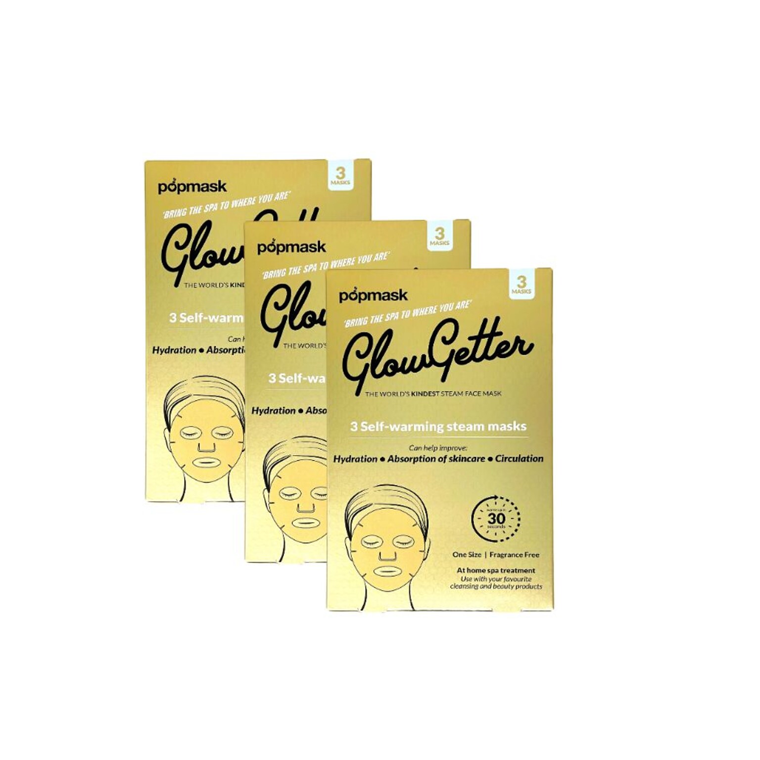 Popmask London Glow Getter Full Face Self Warming Facial Mask 9 Masks, 3 Boxes/3 Pack (9GLG)