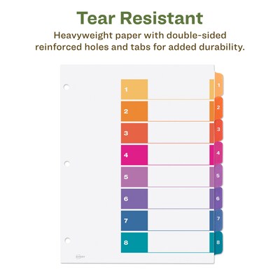 Avery Ready Index Table of Contents EcoFriendly Paper Dividers, 1-8 Tabs, Multicolor, 3 Sets/Pack (11081)