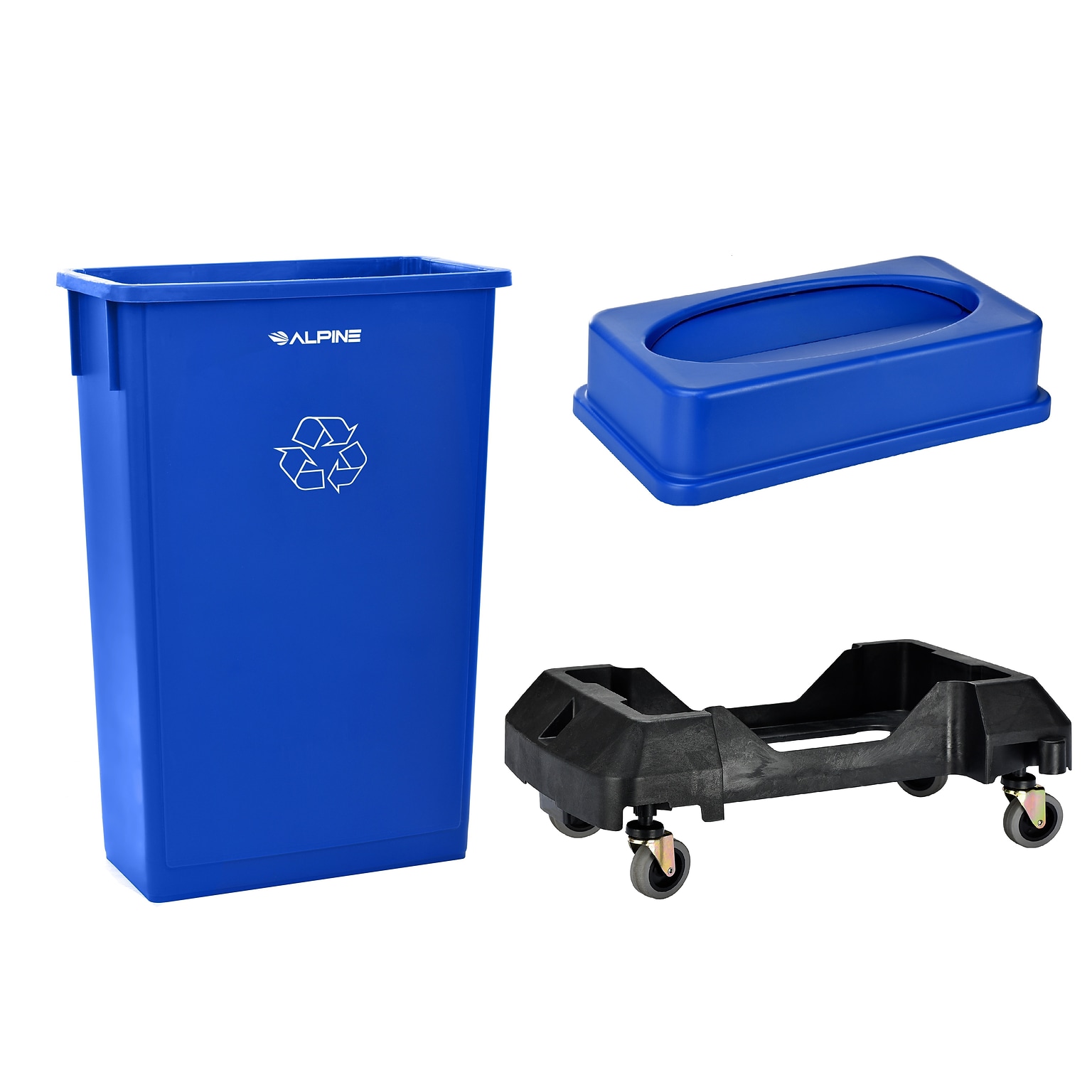 Alpine Industries Plastic Indoor Slim Commercial Indoor Recycling Bin with Lid and Dolly, 23 Gallon, Blue  (477-BLU3-PKD)