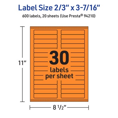 Avery Laser/Inkjet Multipurpose Rectangle Labels, 2/3" x 3-7/16", Bright Orange, 600/Pack (94210)
