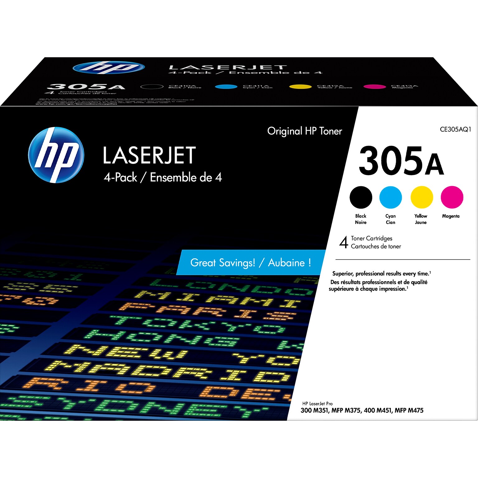 HP 305A Black/Cyan/Magenta/Yellow Standard Yield Toner Cartridge, 4/Pack  (CE305AQ1)