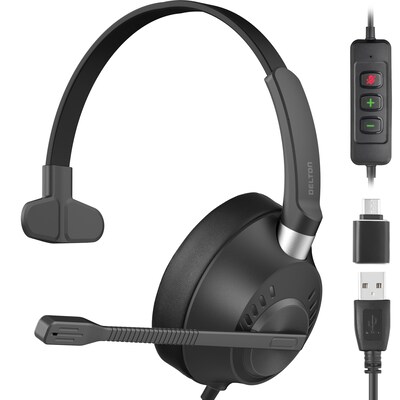Delton 40Y USB Mono Computer Headset with ENC Microphone and USB-C Adapter, Black (DWH40YAC)