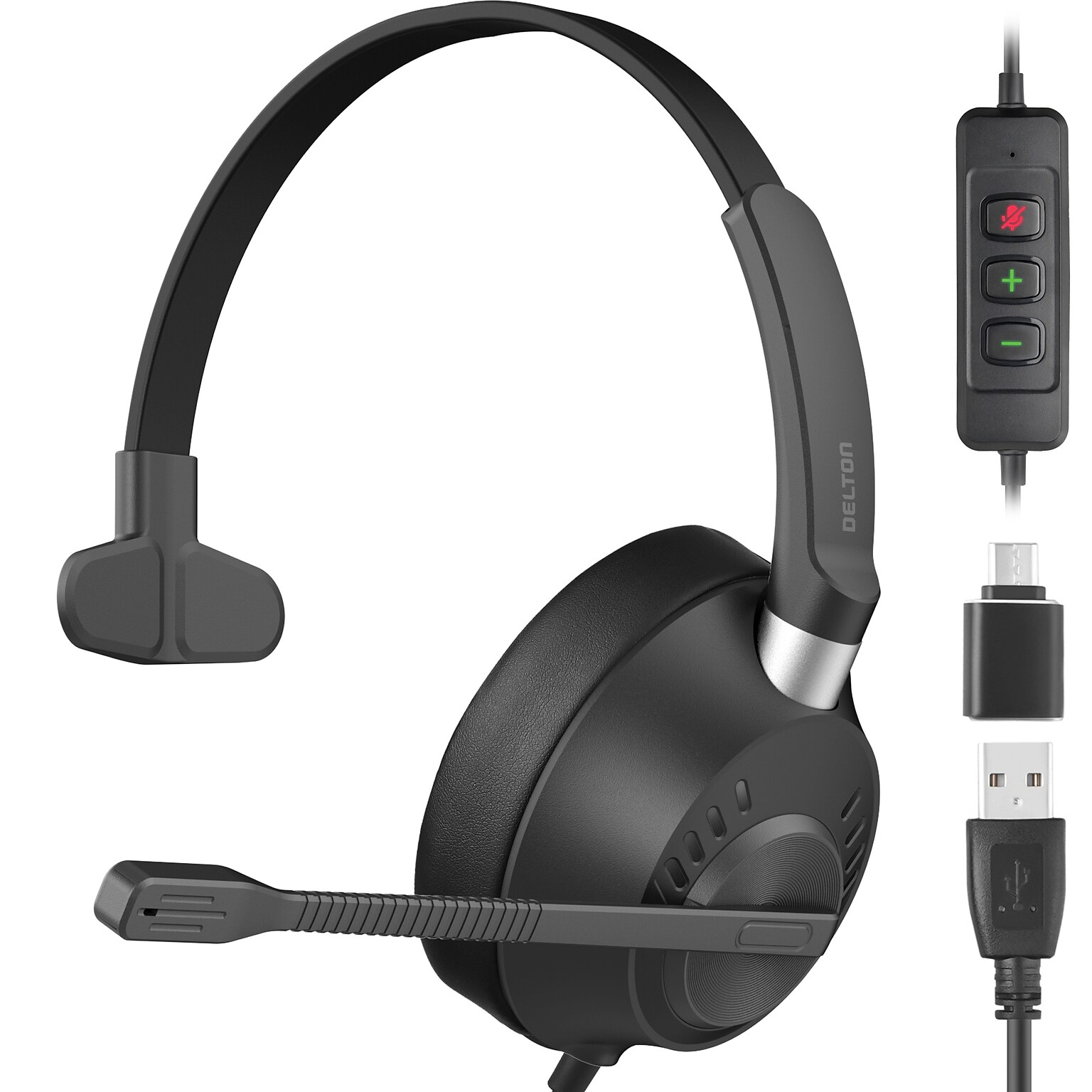 Delton 40Y USB Mono Computer Headset with ENC Microphone and USB-C Adapter, Black (DWH40YAC)