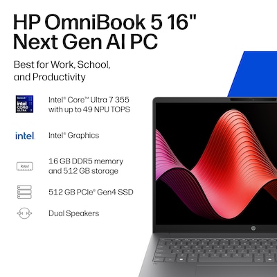 HP OmniBook 5 16 Laptop, Copilot+ PC, Intel Core Ultra 7 355, 16GB RAM, 512GB SSD, +23 Hour Battery, Windows 11 Home