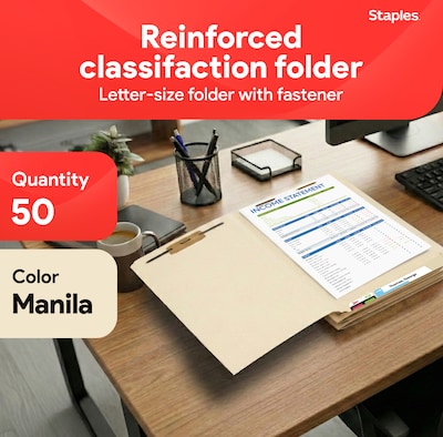 Staples® Reinforced Classification Folder, Letter Size, Manila, 50/Box (ST18357/TR18357)