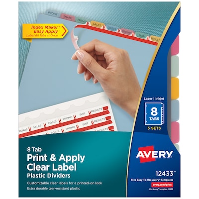 Avery Index Maker Plastic Dividers with Print & Apply Label Sheets, 8 Tabs, Multicolor, 5 Sets/Pack