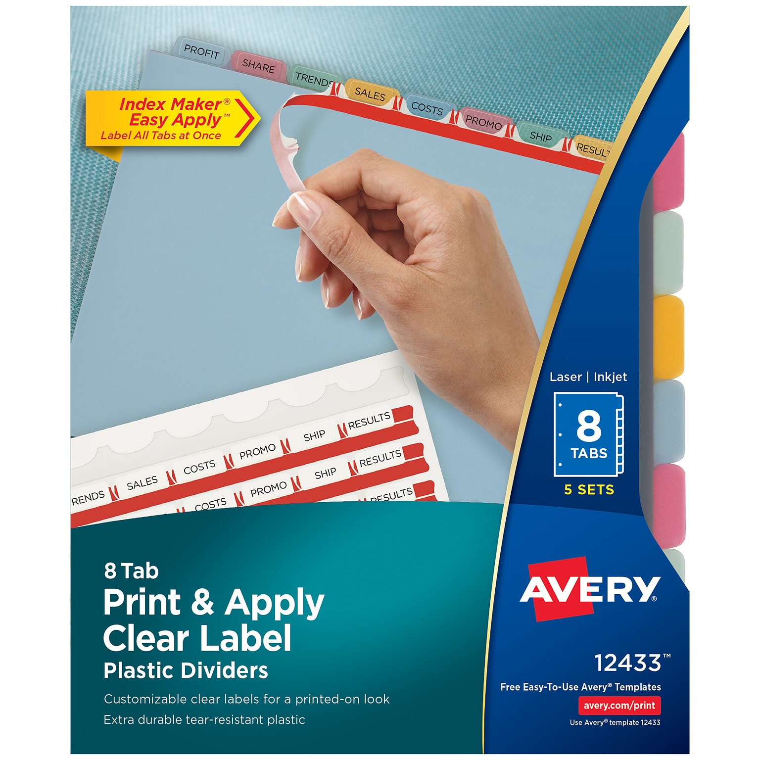Avery Index Maker Plastic Dividers with Print & Apply Label Sheets, 8 Tabs, Multicolor, 5 Sets/Pack (AVE12433)