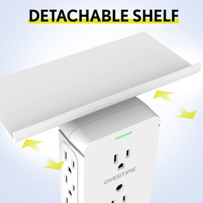 Overtime Wall Outlet Shelf, 8 Outlets and 3 USB Ports, Surge Protector, White (OTWP8O3USB)