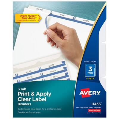 Avery Index Maker Paper Dividers with Print & Apply Label Sheets, 3 Tabs, White, 5 Sets/Pack (11435)