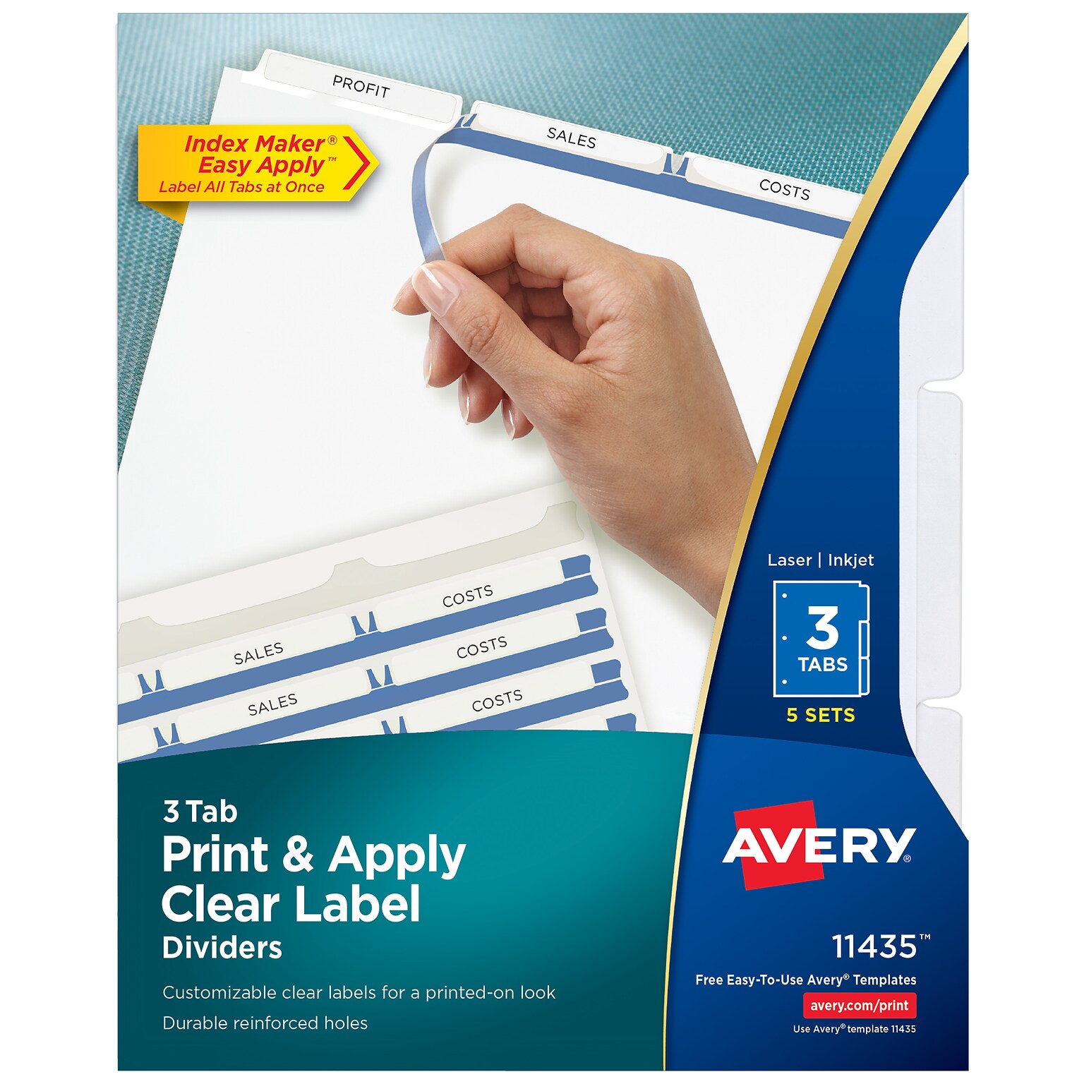 Avery Index Maker Paper Dividers with Print & Apply Label Sheets, 3 Tabs, White, 5 Sets/Pack (11435)