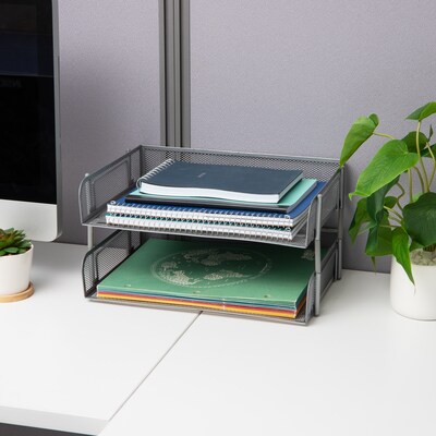 Mind Reader 2-Tier Stackable Paper Desk Tray, File Storage, Metal, Silver, 2/Pack (ESTACK2-SIL)