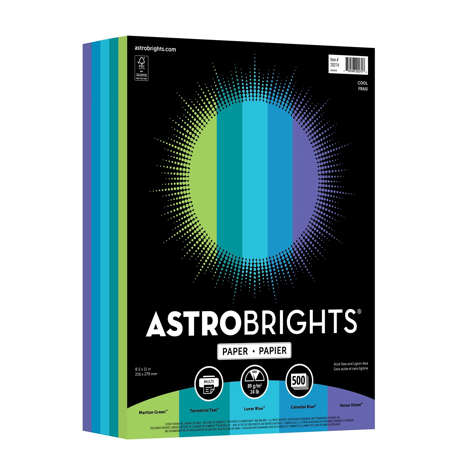 Astrobrights Colored Paper, 24 lbs., 8.5 x 11, Assorted Cool Colors, 500 Sheets/Ream (WAU20274)