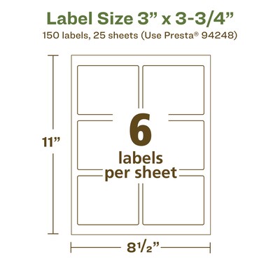 Avery EcoFriendly Laser/Inkjet Rectangle Multipurpose Labels, 3" x 3-3/4", White, 150/Pack (94248)