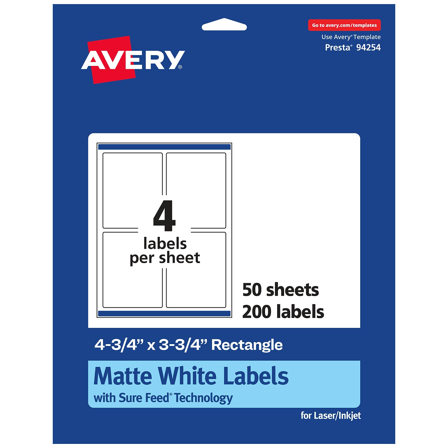 Avery Laser/Inkjet Multipurpose Rectangle Labels, 4.75 x 3.75, White, 200 Labels/Box (94254)