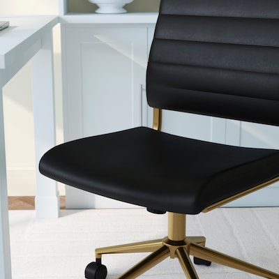 Martha Stewart Ivy Armless Faux Leather Swivel Office Chair, Black/Polished Brass (CH2209211BKGLD)