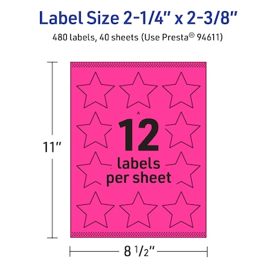 Avery Star Laser/Inkjet Multipurpose Labels, 2-1/4" x 2-3/8", Neon Magenta (480/Box)
