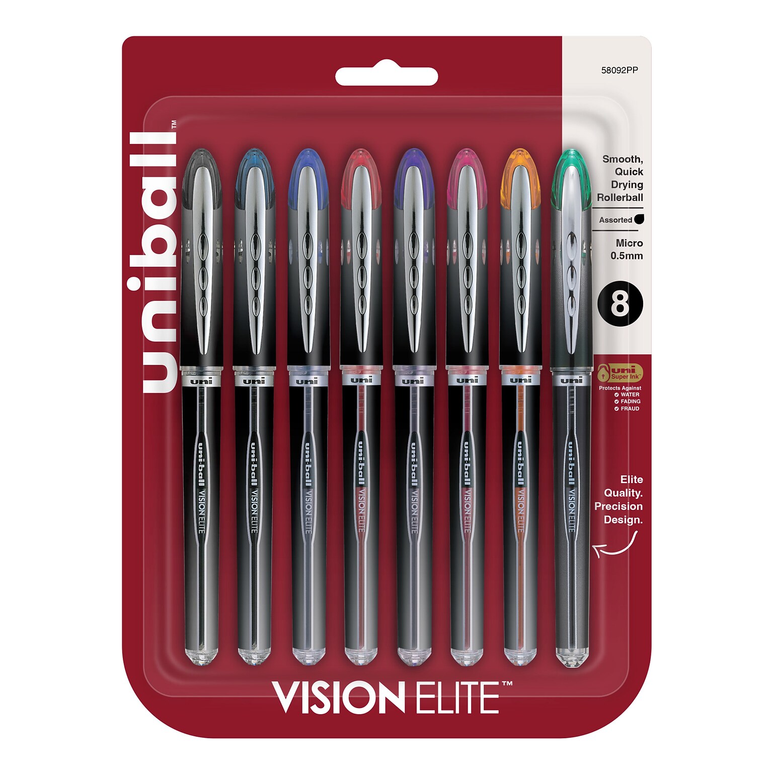 uni-ball Vision Elite Rollerball Pen, Micro Point, 0.5mm, Assorted Ink, 8/Pack (58092PP)