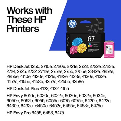 HP 67 Tri-Color Standard Yield Ink Cartridge, Prints Up to 100 Pages (3YM55AN#140)