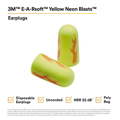 3M E-A-Rsoft Yellow Neon Blasts Earplugs, Uncorded, Poly Bag, Regular Size, 200 Pairs/Case (312-1252)