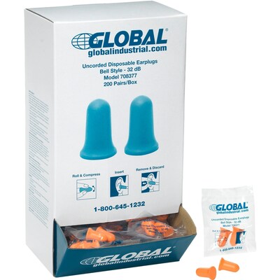 Global Industrial Bell Earplugs, Contour, Uncorded, NRR 32 dB, 200 Pairs/Box (708377)