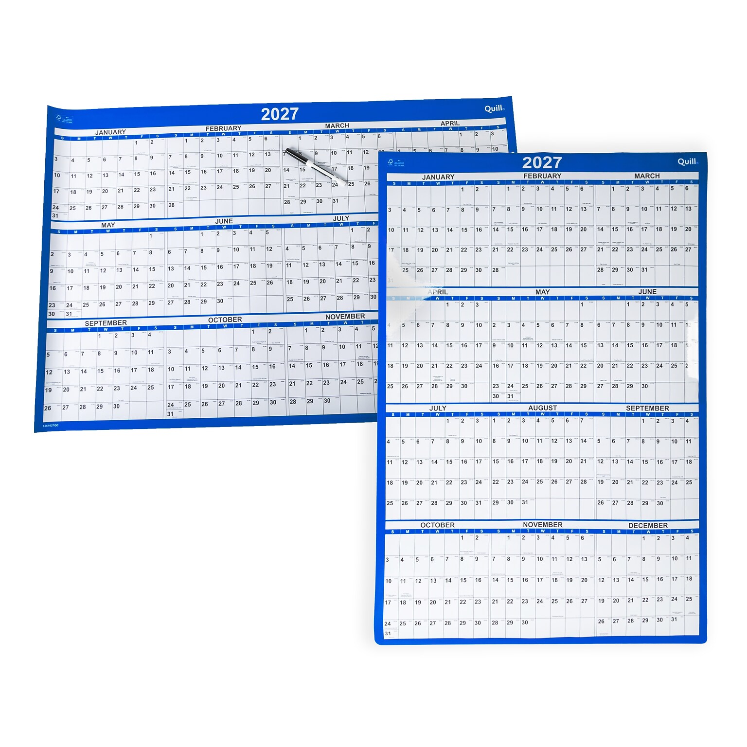 2027 Quill Brand® 36 x 24 Yearly Dry-Erase Wall Calendar, Reversible, White/Blue (63616-27-QCC)